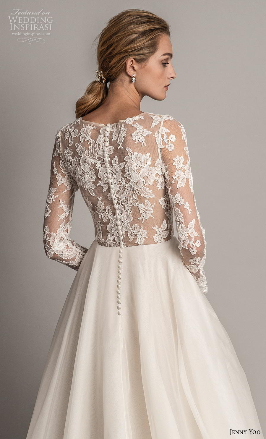 jenny yoo spring 2019 bridal long sleeves v neck heavily embellished bodice tiered skirt romantic ball gown a  line wedding dress covered lace back chapel train (2) zbv