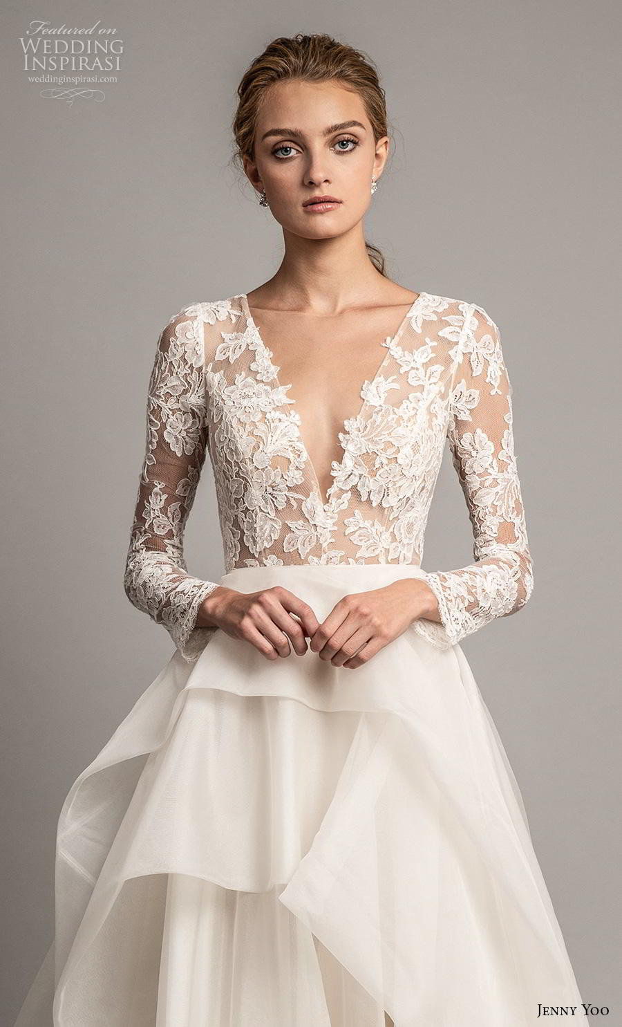 jenny yoo spring 2019 bridal long sleeves v neck heavily embellished bodice tiered skirt romantic ball gown a  line wedding dress covered lace back chapel train (2) zv