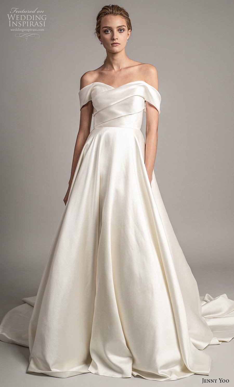 jenny yoo spring 2019 bridal off the shoulder sweetheart neckline simple minimalist elegant a  line wedding dress pockets mid back chapel train (5) mv