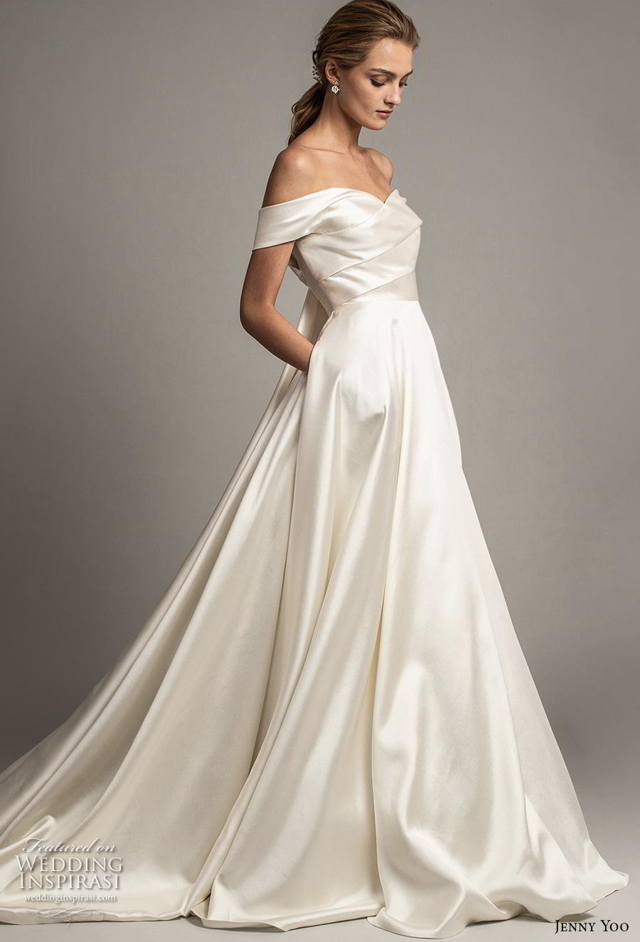 jenny yoo spring 2019 bridal off the shoulder sweetheart neckline simple minimalist elegant a  line wedding dress pockets mid back chapel train (5) sdv