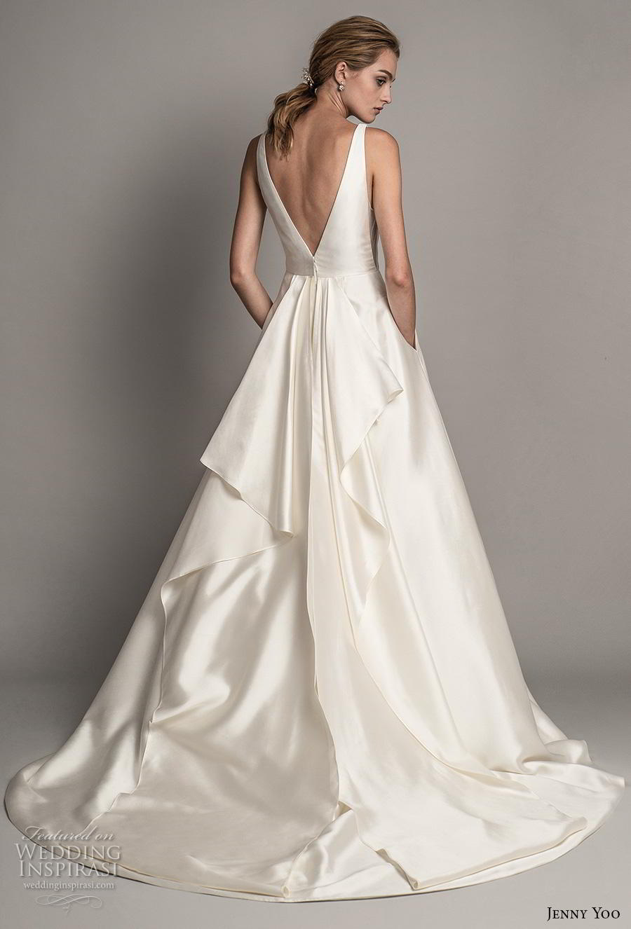 jenny yoo spring 2019 bridal sleeveless deep v neck simple minimalist satin elegant classic a  line wedding dress pockets backless v back short train (9) bv