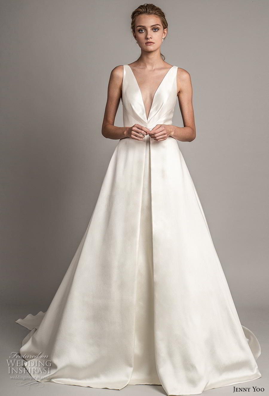 jenny yoo spring 2019 bridal sleeveless deep v neck simple minimalist satin elegant classic a  line wedding dress pockets backless v back short train (9) mv