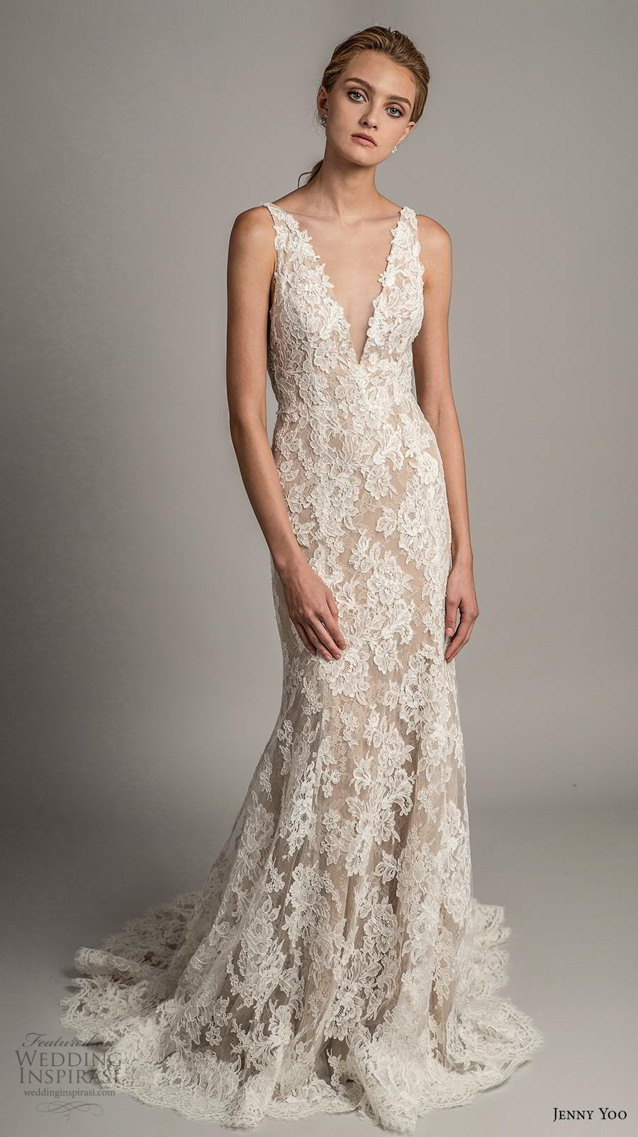 jenny yoo spring 2019 bridal sleeveless v neck full embellishment elegant sheath modified a  line wedding dress  backless v back medium train (3) mv