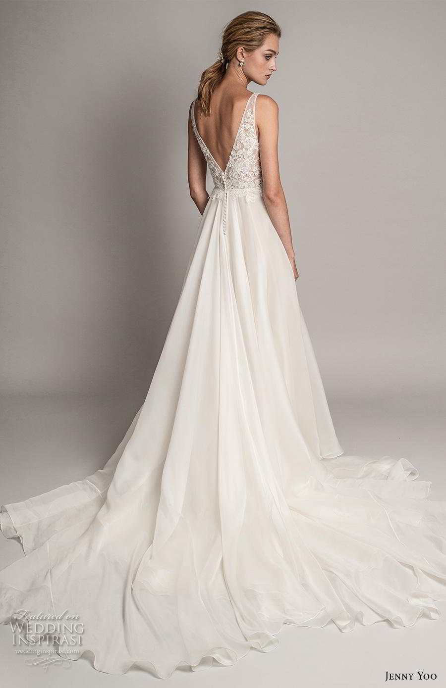 jenny yoo spring 2019 bridal sleeveless v neck heavily embellished bodice romantic a  line wedding dress backless v back chapel train (4) bv