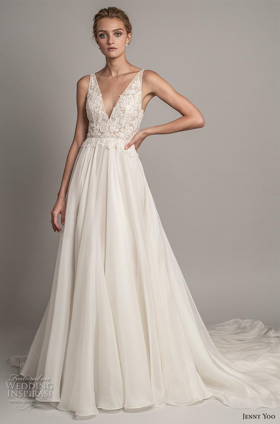 jenny yoo spring 2019 bridal sleeveless v neck heavily embellished bodice romantic a  line wedding dress backless v back chapel train (4) mv