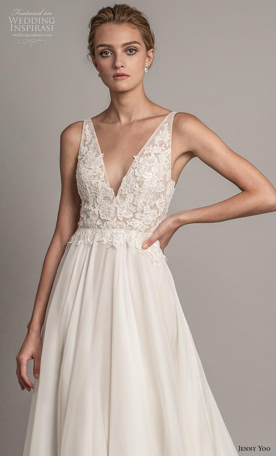 jenny yoo spring 2019 bridal sleeveless v neck heavily embellished bodice romantic a  line wedding dress backless v back chapel train (4) zv