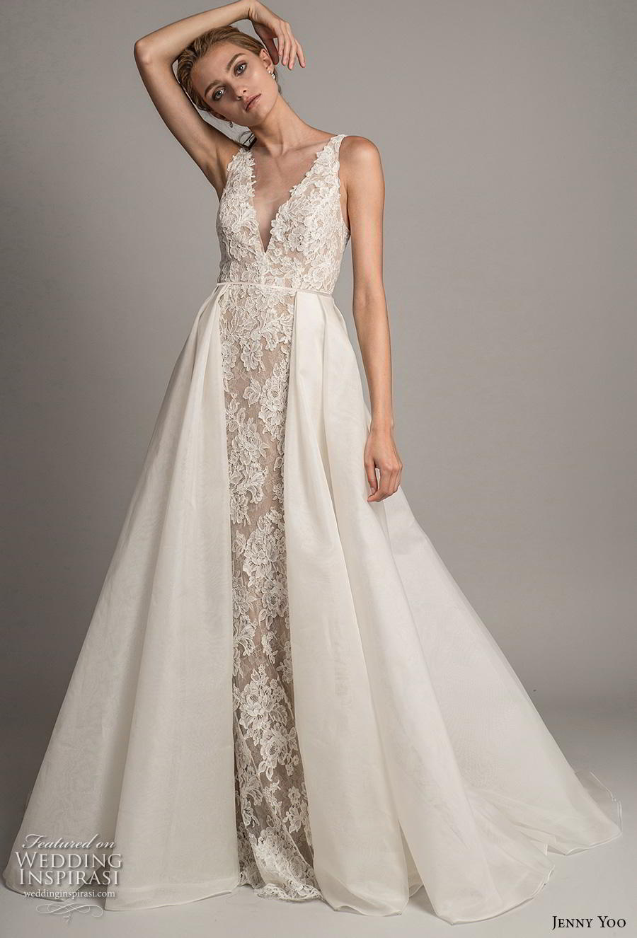 jenny yoo spring 2019 bridal sleeveless with strap deep v neck full embellishment elegant sheath wedding dress a  line overskirt backless v back chapel train (8) mv