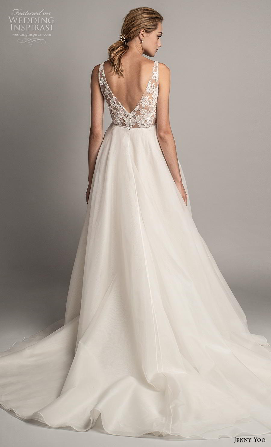 jenny yoo spring 2019 bridal sleeveless with strap deep v neck heavily embellished bodice tiered skirt romantic ball gown a  line wedding dress backless v back chapel train (7) bv