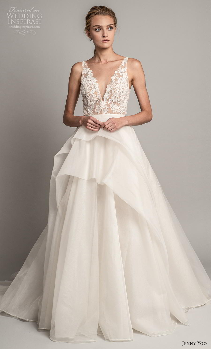 jenny yoo spring 2019 bridal sleeveless with strap deep v neck heavily embellished bodice tiered skirt romantic ball gown a  line wedding dress backless v back chapel train (7) mv