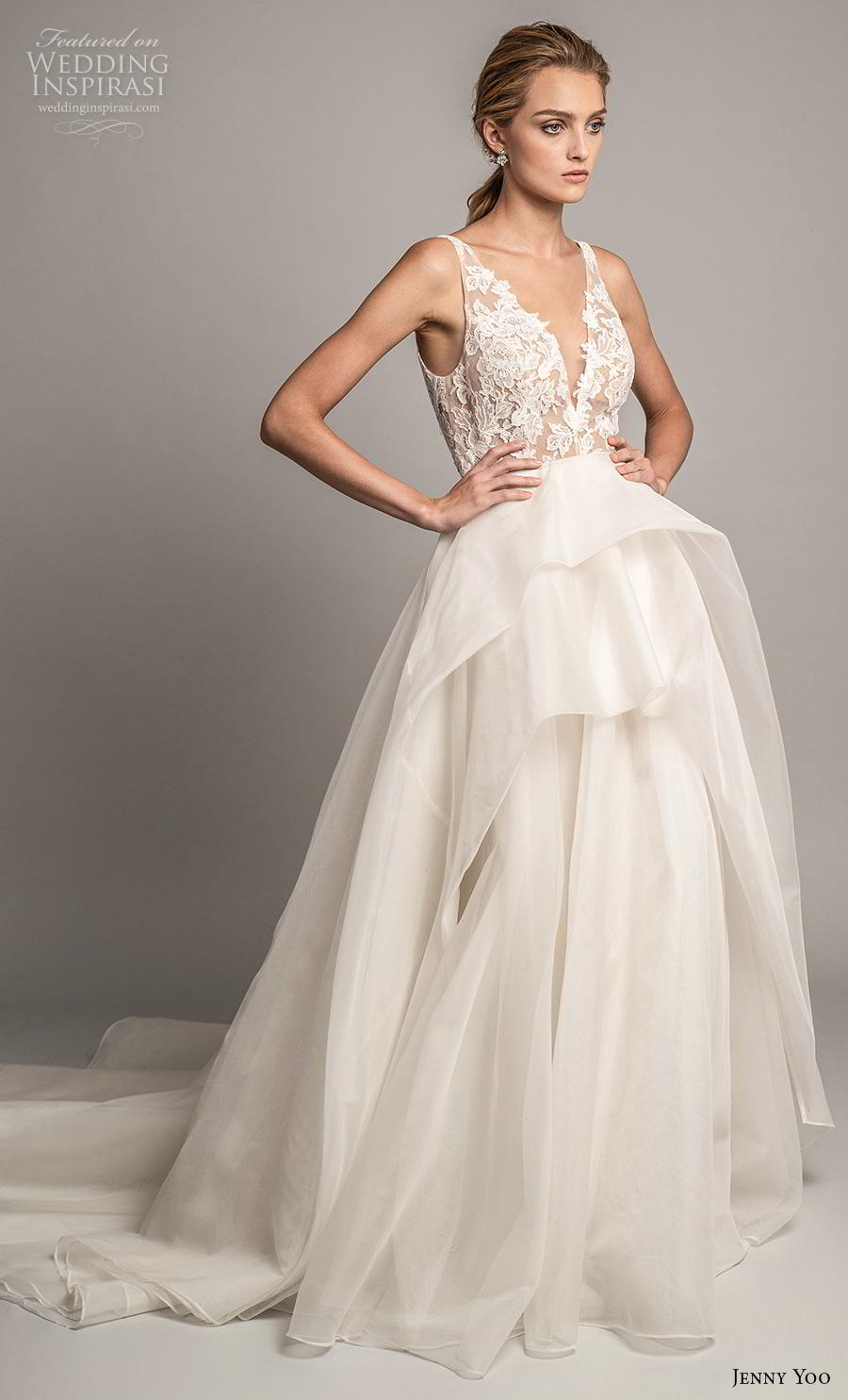 jenny yoo spring 2019 bridal sleeveless with strap deep v neck heavily embellished bodice tiered skirt romantic ball gown a  line wedding dress backless v back chapel train (7) sdv