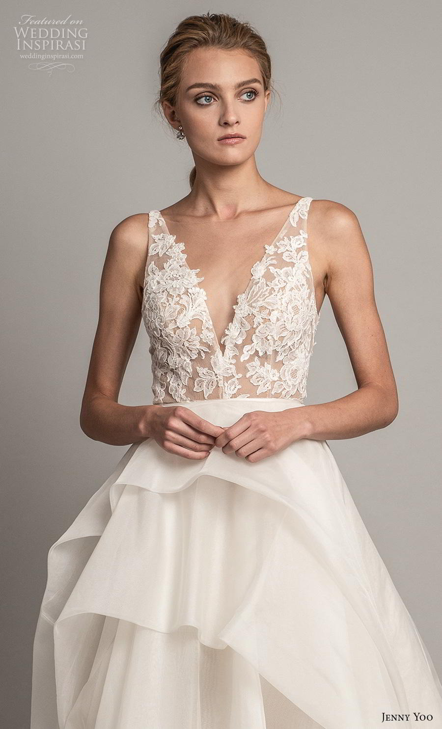 jenny yoo spring 2019 bridal sleeveless with strap deep v neck heavily embellished bodice tiered skirt romantic ball gown a  line wedding dress backless v back chapel train (7) zv