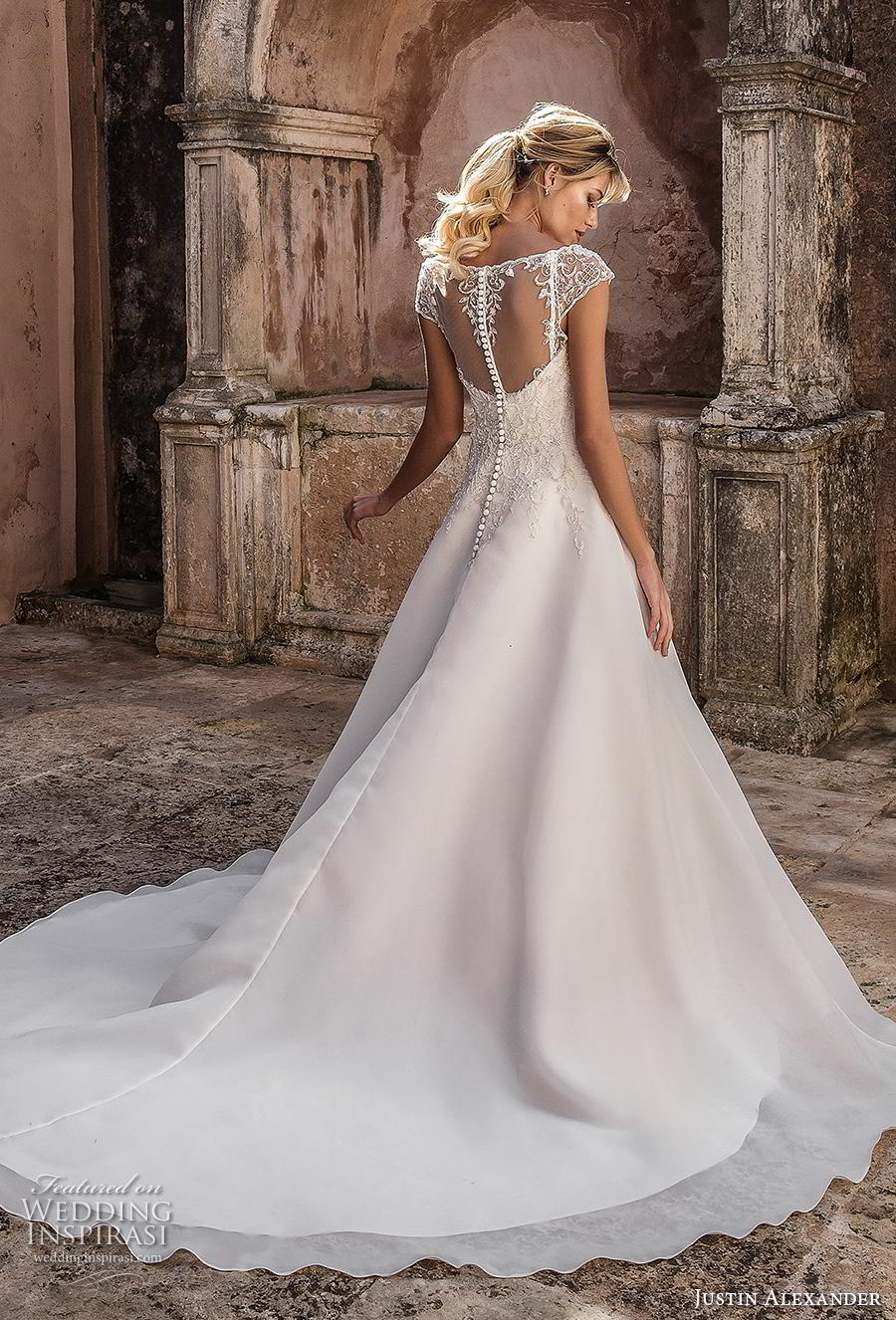 justin alexander spring 2019 bridal cap sleeves illusion bateau sweetheart neckline heavily embellished bodice classic romantic a  line wedding dress sheer button back chapel train (12) bv