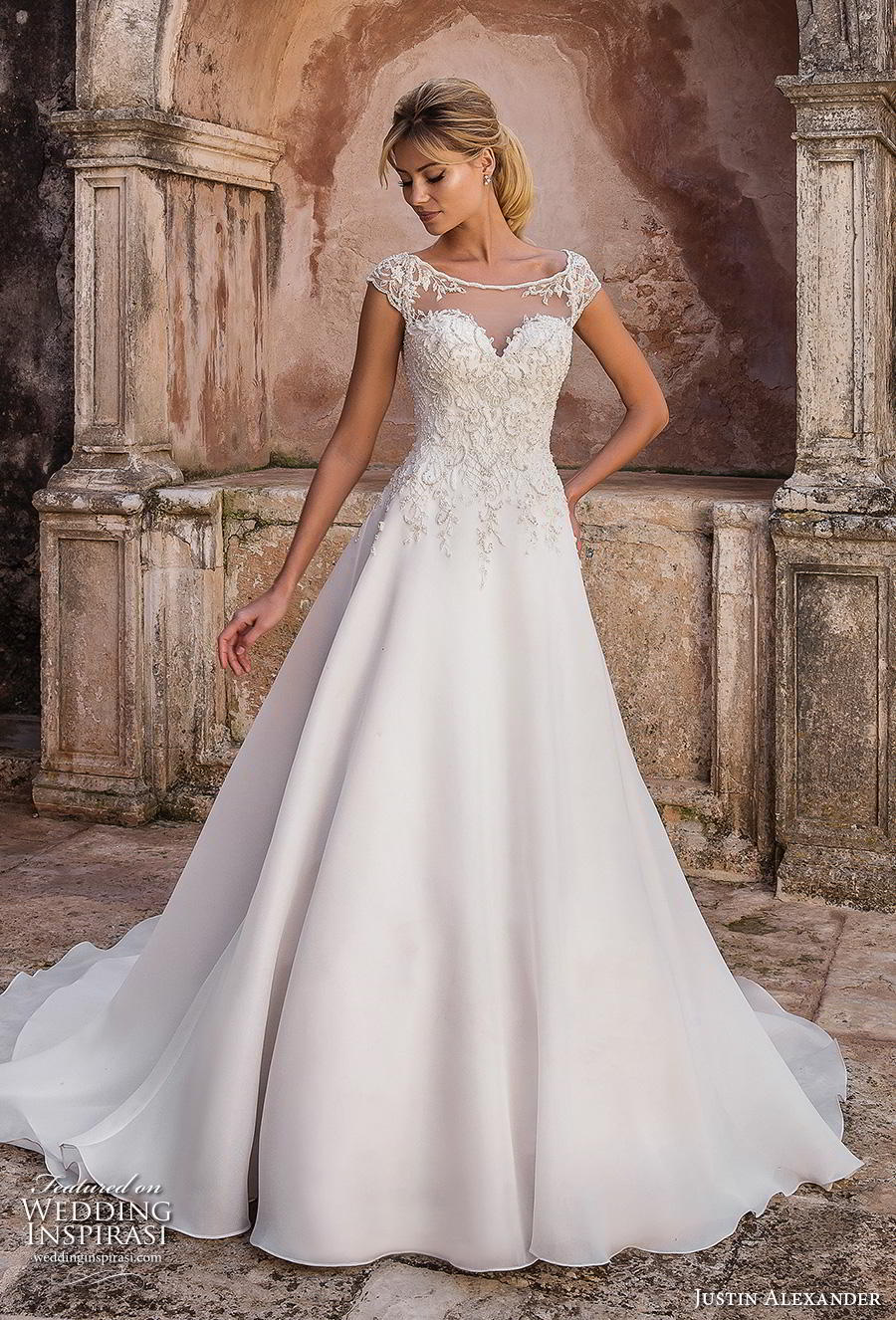 justin alexander spring 2019 bridal cap sleeves illusion bateau sweetheart neckline heavily embellished bodice classic romantic a  line wedding dress sheer button back chapel train (12) mv