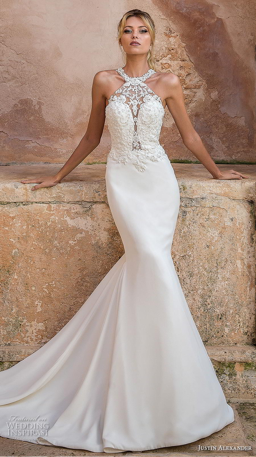 justin alexander spring 2019 bridal halter neck heavily embellished bodice elegant fit and flare trumpet wedding dress rasor back medium train (10) mv