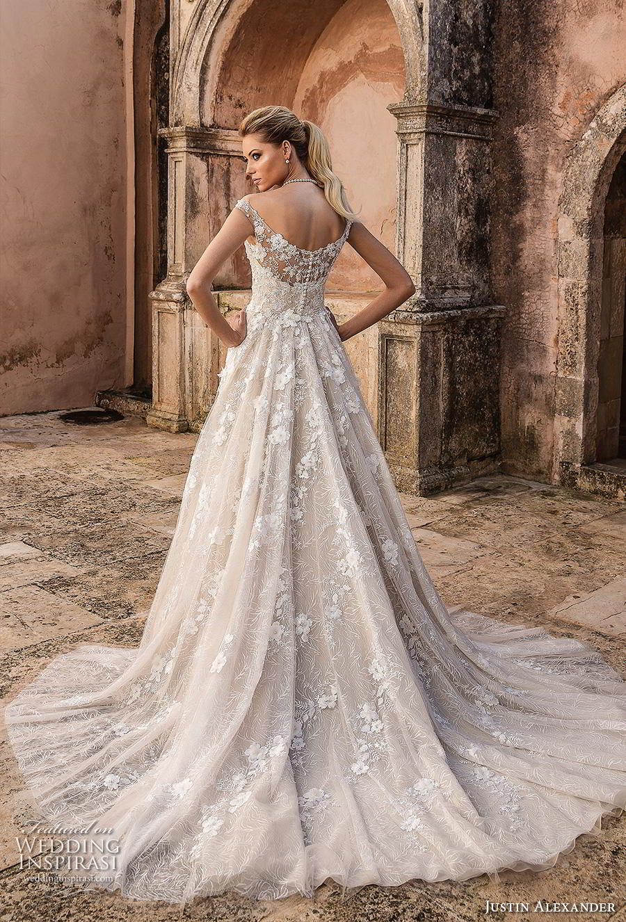 justin alexander spring 2019 bridal off the shoulder deep plunging v neck full embellishment romantic a  line wedding dress mid back chapel train (3) bv 