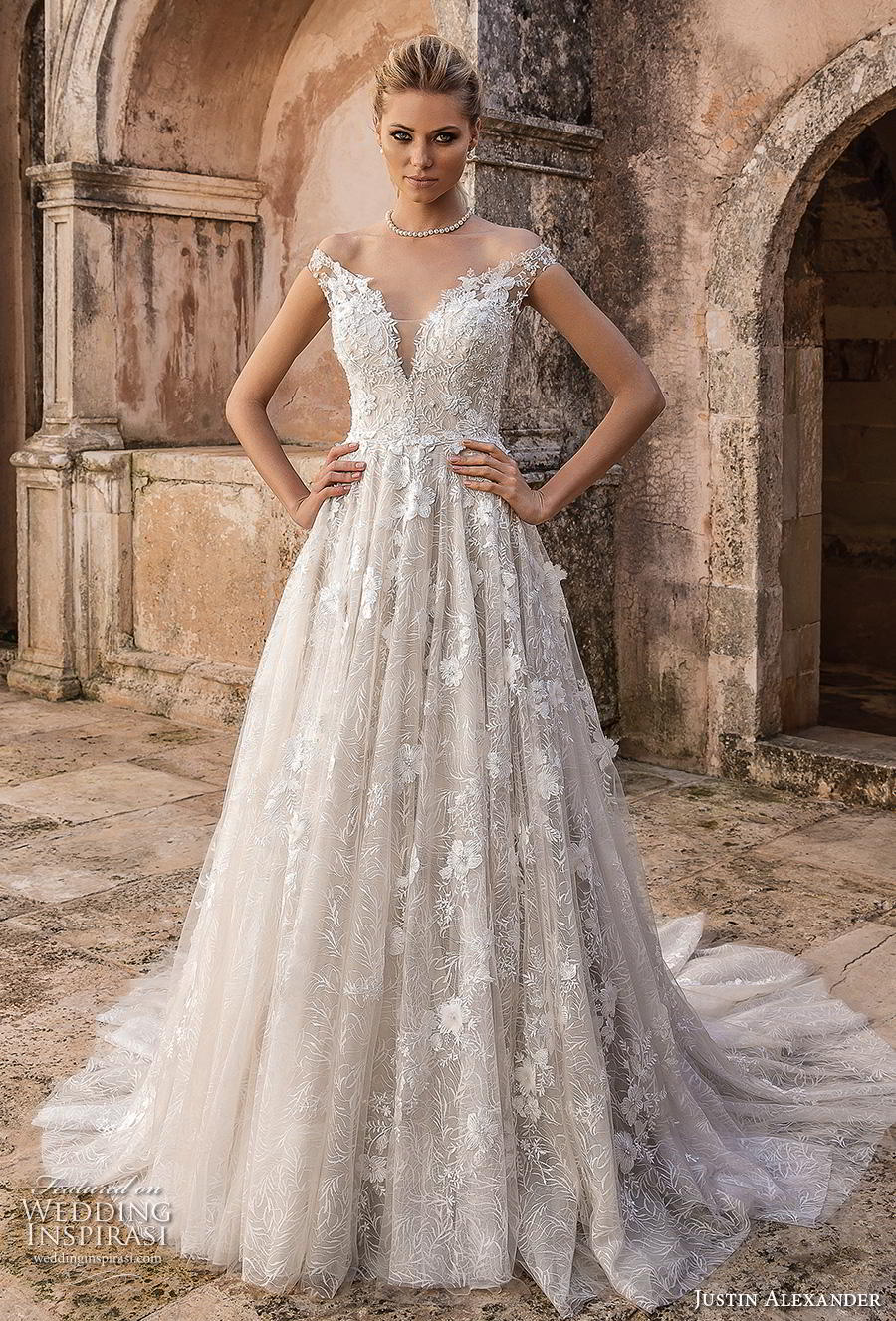 justin alexander spring 2019 bridal off the shoulder deep plunging v neck full embellishment romantic a  line wedding dress mid back chapel train (3) mv 