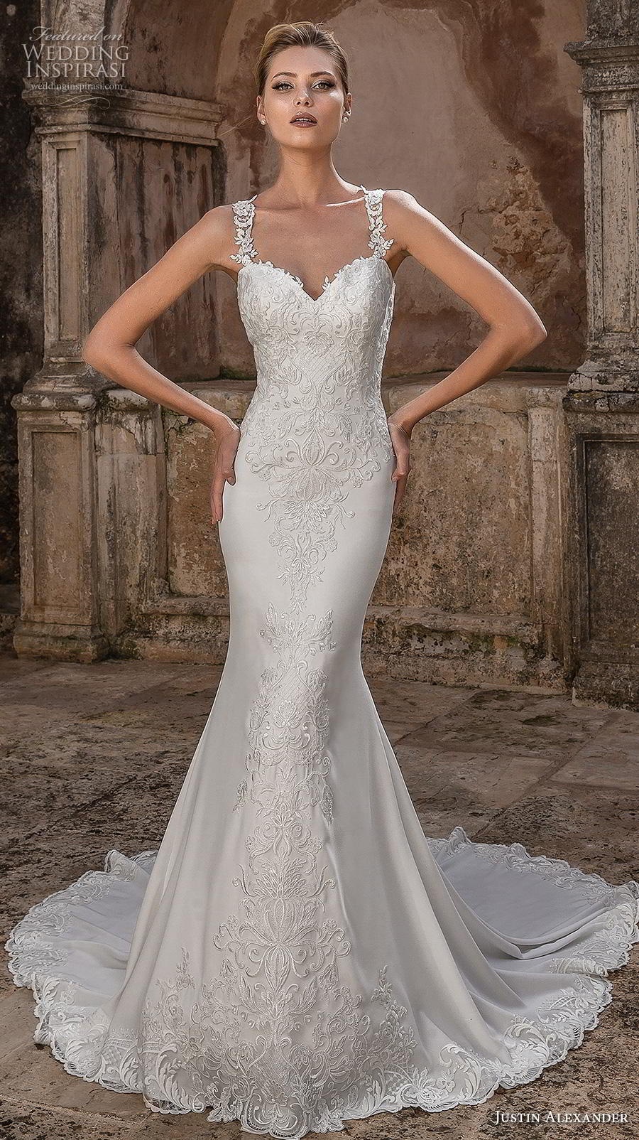 justin alexander spring 2019 bridal sleeveless embellished strap sweetheart neckline heavily embellished bodice hem elegant fit and flare wedding dress lace button back chapel train (13) mv