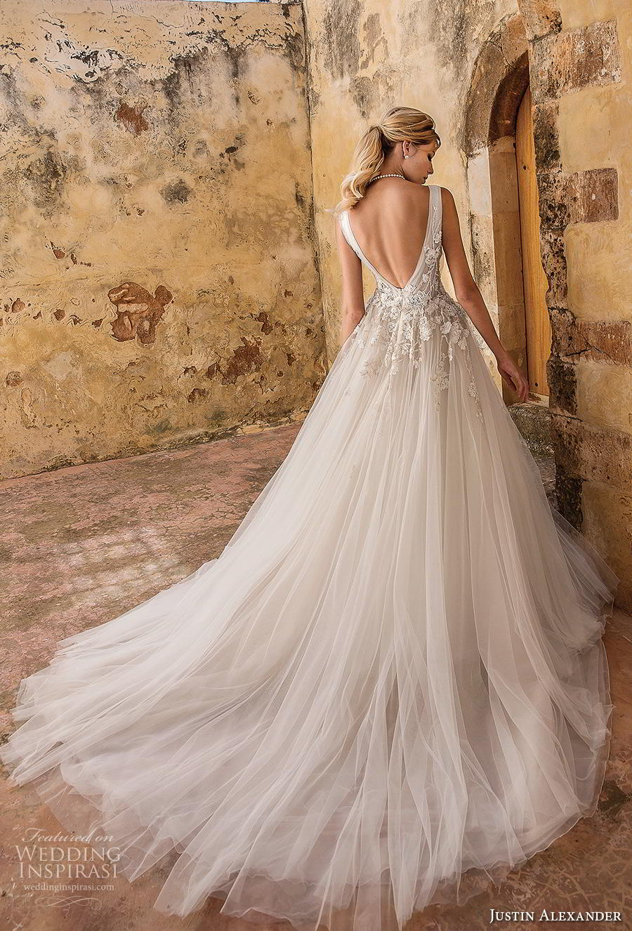 justin alexander spring 2019 bridal sleeveless v neck heavily embellished bodice tulle skirt romantic a  line wedding dress backless v back chapel train (4) bv 