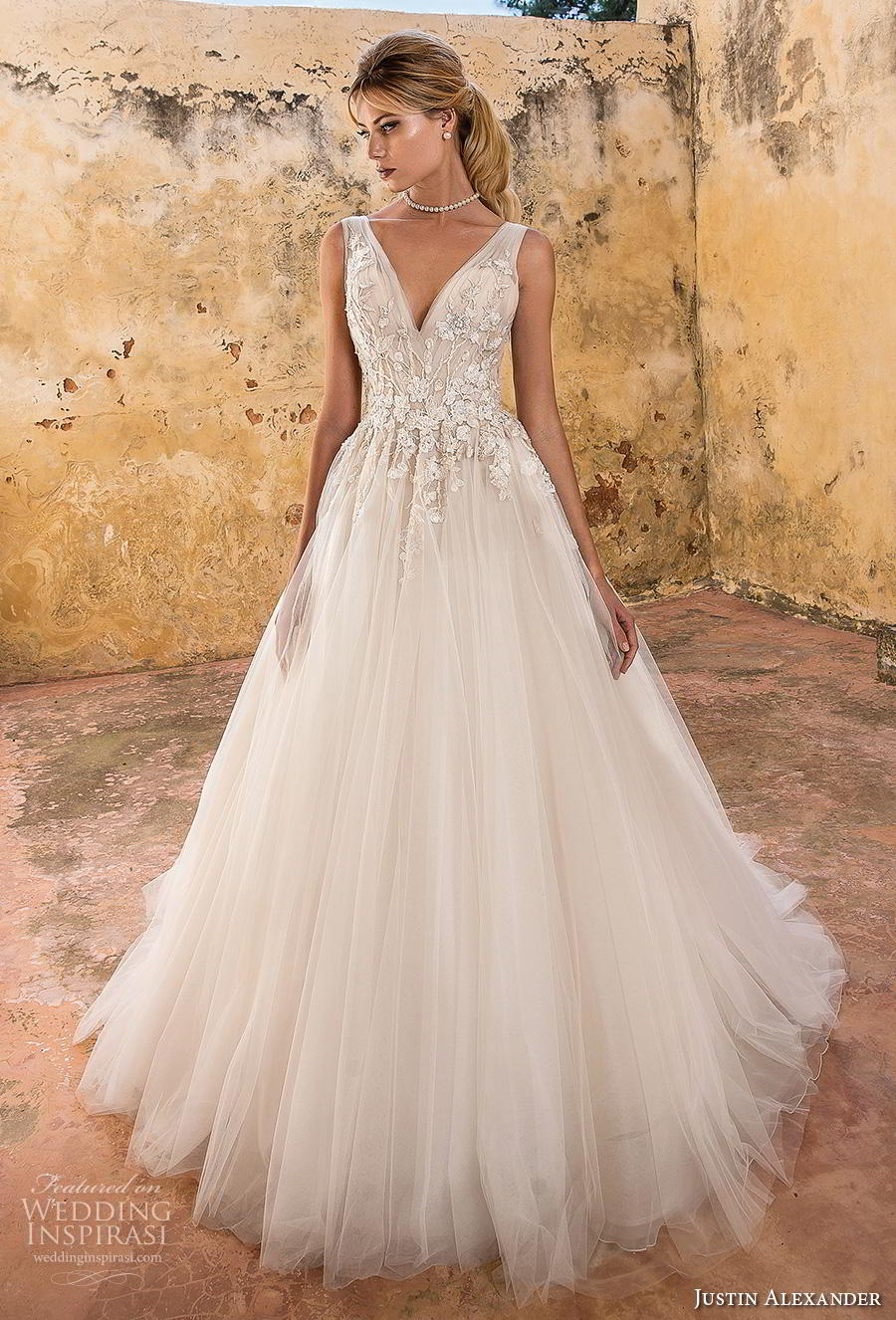 justin alexander spring 2019 bridal sleeveless v neck heavily embellished bodice tulle skirt romantic a  line wedding dress backless v back chapel train (4) mv 