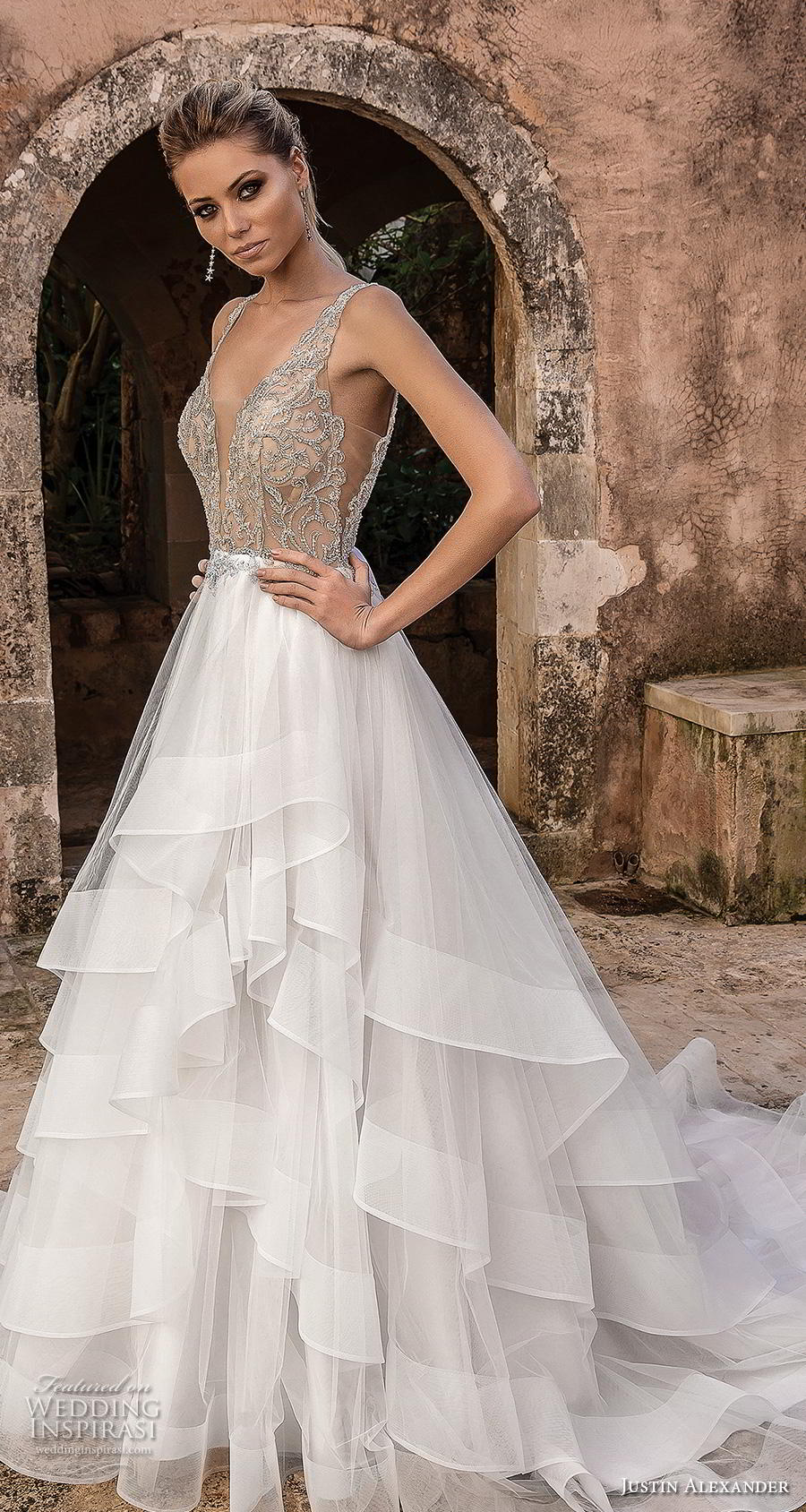 justin alexander spring 2019 bridal sleeveless with strap deep plunging v neck heavily embellished bodice tiered skirt romantic a  line wedding dress backless v back chapel train (6) mv 