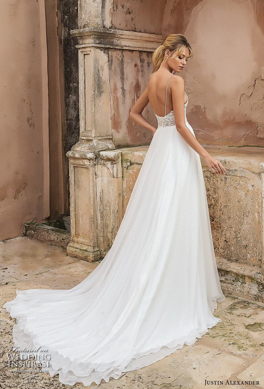 justin alexander spring 2019 bridal spaghetti strap deep sweetheart neckline heavily embellished bodice slit skirt sexy romantic soft a  line wedding dress backless chapel train (9) bv