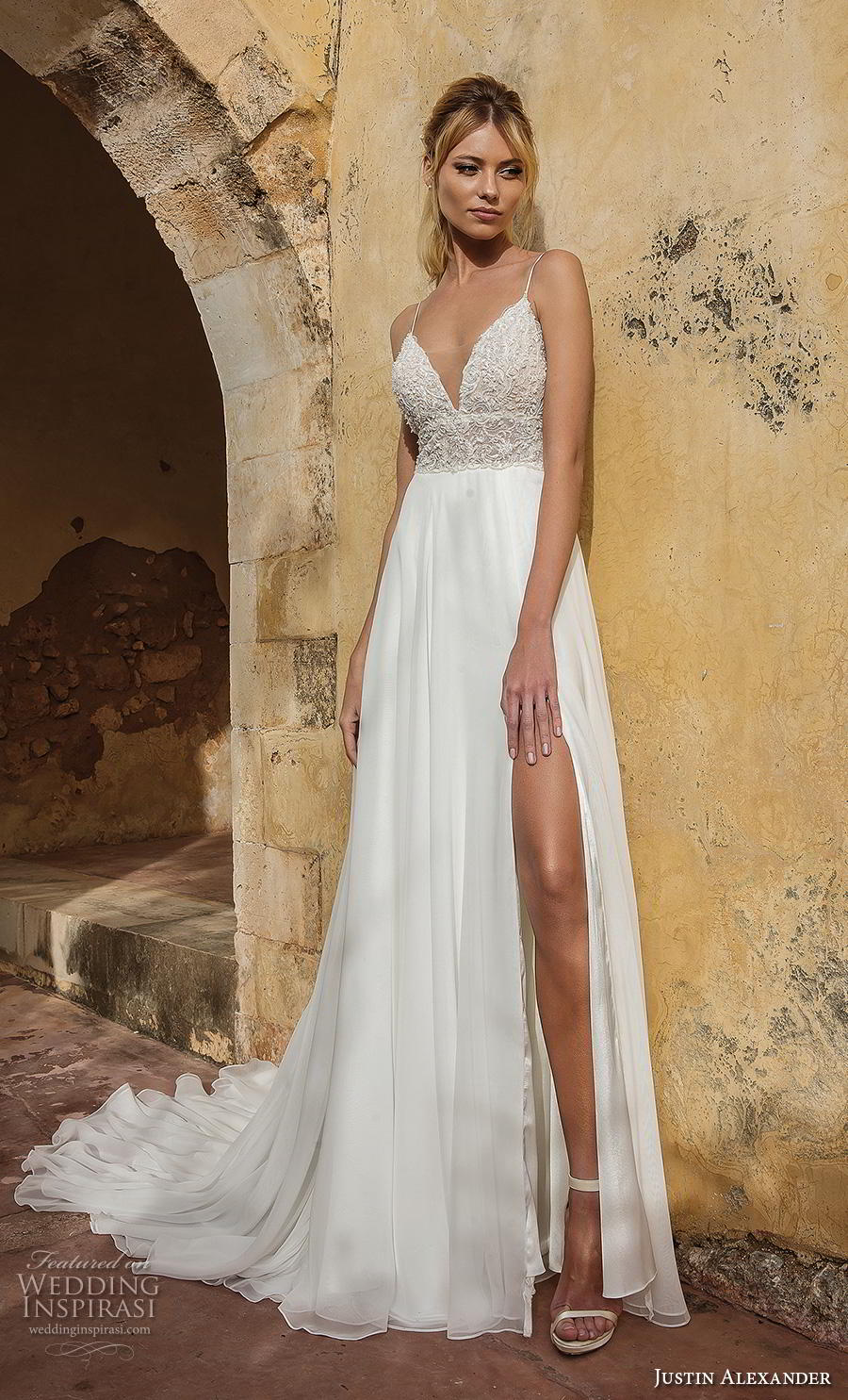 justin alexander spring 2019 bridal spaghetti strap deep sweetheart neckline heavily embellished bodice slit skirt sexy romantic soft a  line wedding dress backless chapel train (9) mv