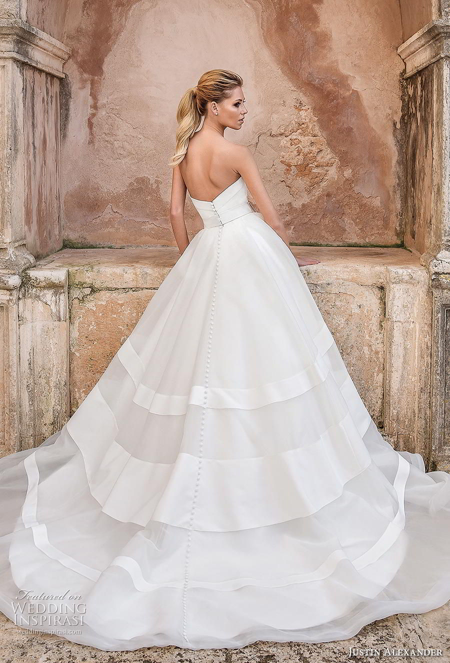 justin alexander spring 2019 bridal strapless straight across neckline simple ribbon waist romantic ball gown a  line wedding dress chapel train (18) bv