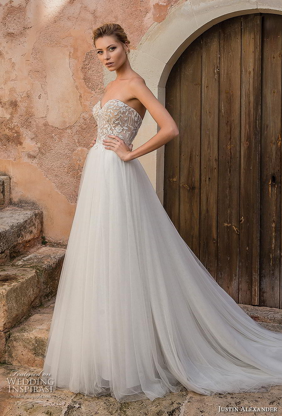 justin alexander spring 2019 bridal strapless sweetheart neckline heavily embellished bodice tulle skirt romantic a  line wedding dress backless chapel train (16) mv