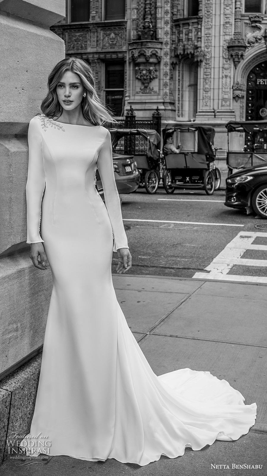 netta benshabu fall 2019 bridal long sleeves bateau neckline simple minimalist clean elegant fit and flare wedding dress low backless open back chapel train (13) mv