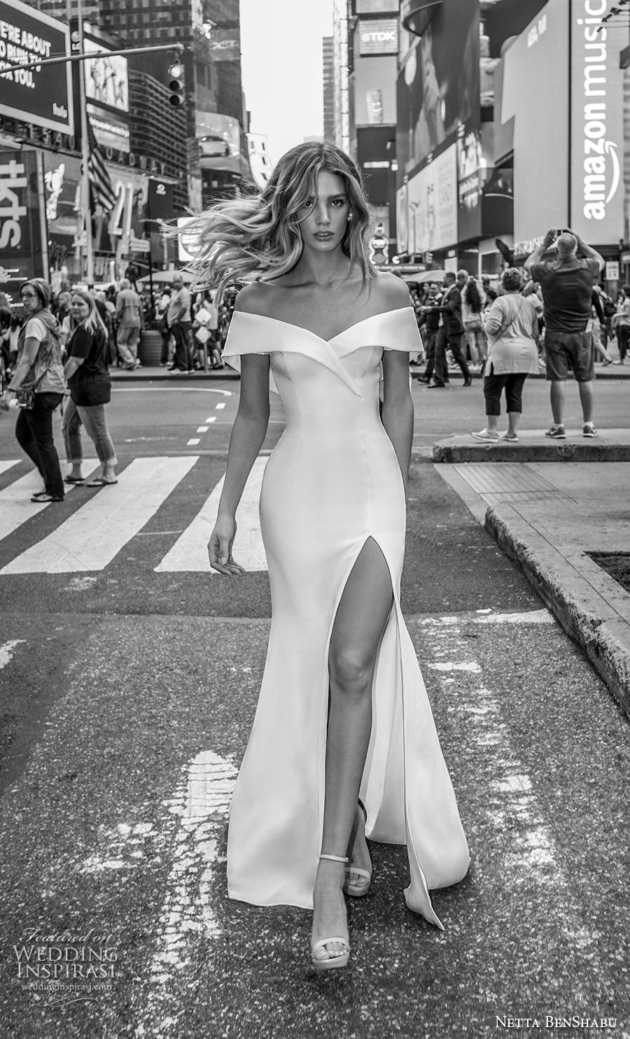 netta benshabu fall 2019 bridal off the shoulder v neck simple minimalist clean high slit skirt elegant fit and flare wedding dress medium train (18) mv netta benshabu fall 2019 bridal off the shoulder v neck simple minimalist clean high slit skirt elegant fit and flare wedding dress medium train (18) mv