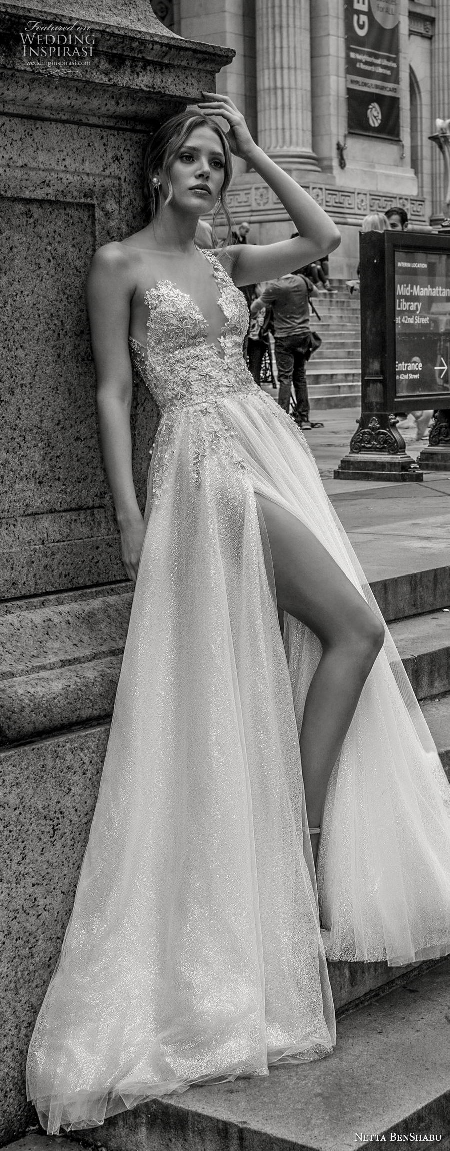 netta benshabu fall 2019 bridal one shoulder strap deep v neck heavily embellished bodice high slit skirt soft a  line wedding dress keyhole back chapel train (11) lv