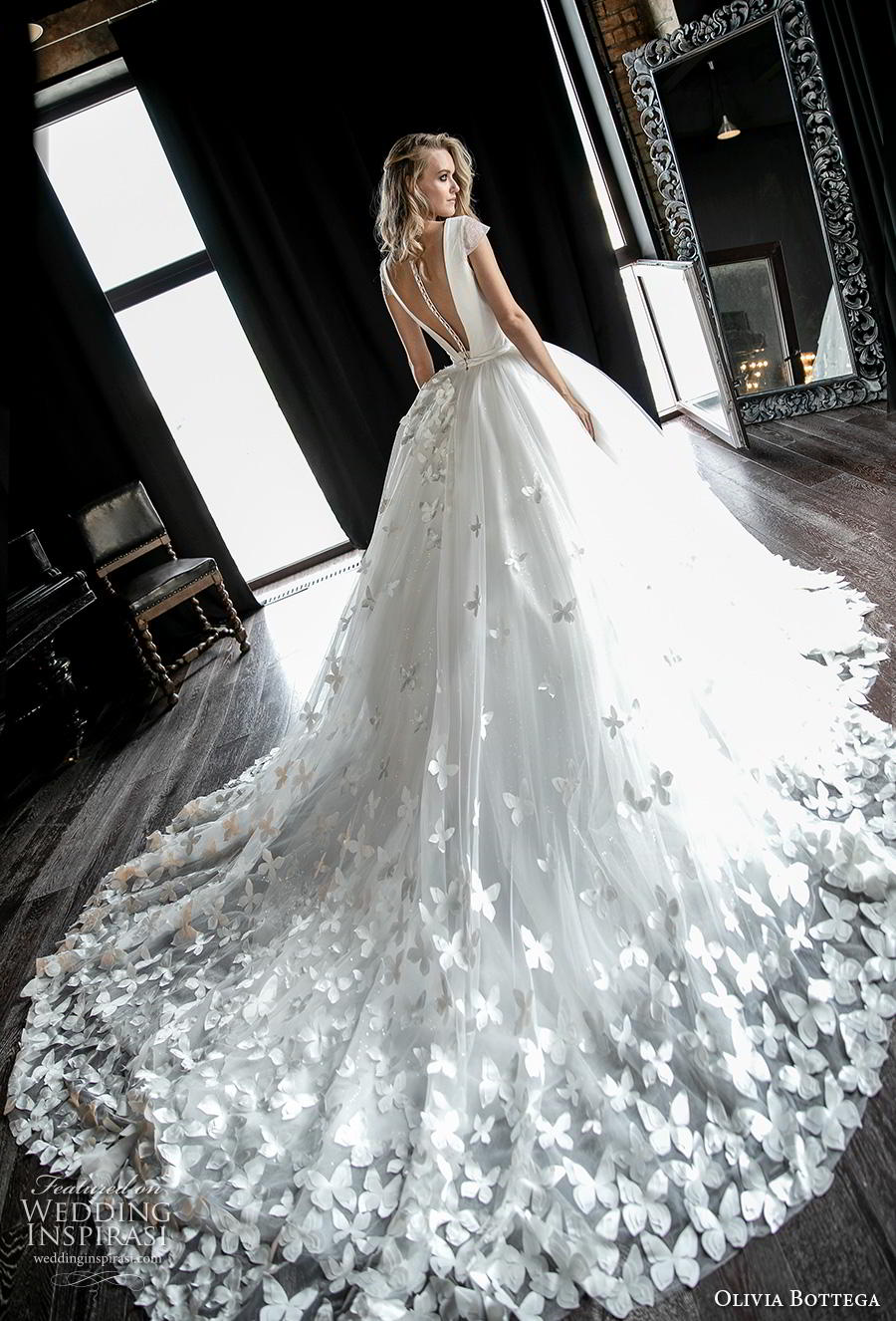 olivia bottega 2019 bridal cap sleeves deep v neck simple bodice heavily embellsihed skirt hem romantic ball gown a  line wedding dress sheer button v back royal train (16) bv mv