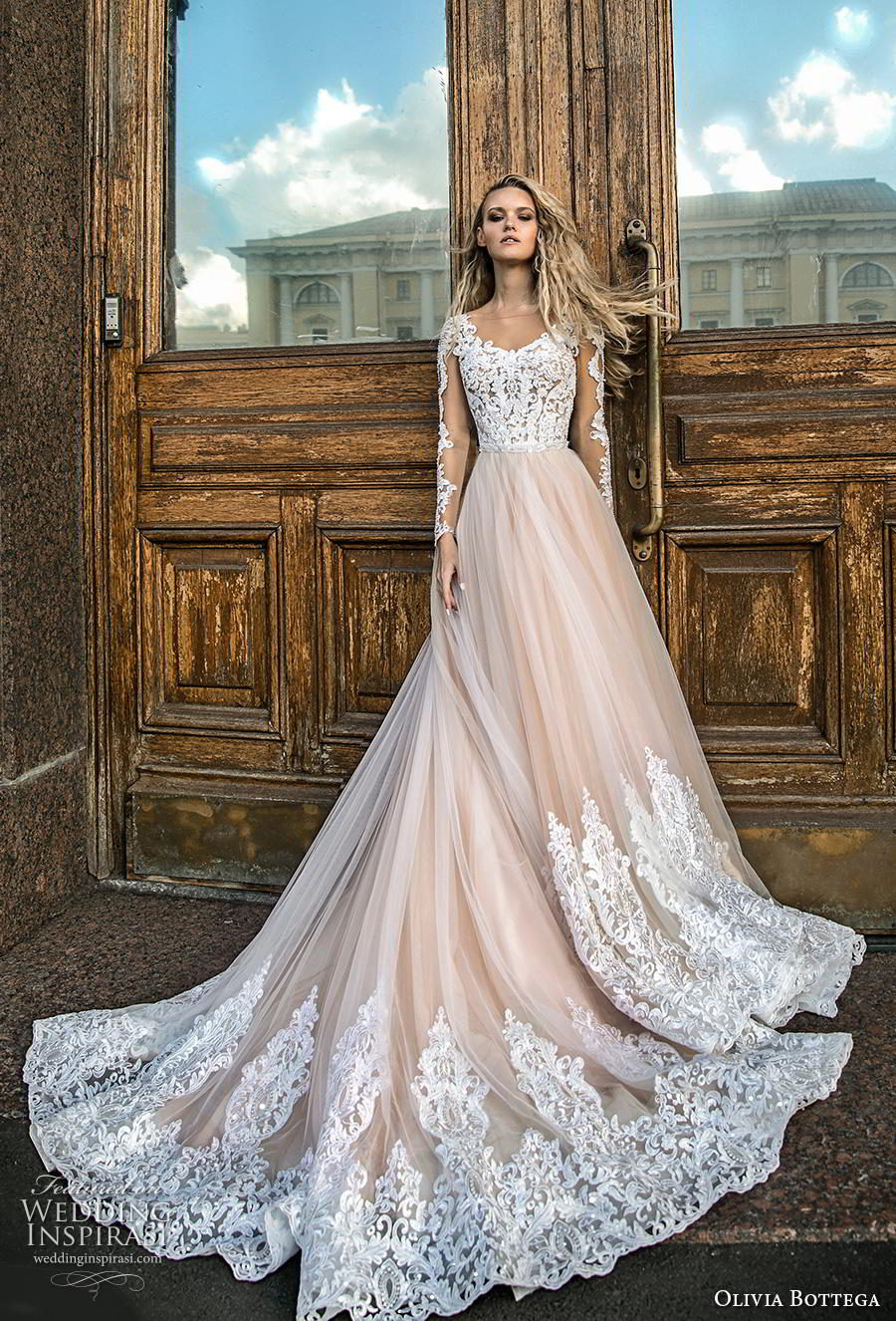 olivia bottega 2019 bridal long sleeves illusion bateau scoop neckline heavily embellished bodice hem tulle skirt glamorous ivory a  line wedding dress chapel train (15) mv