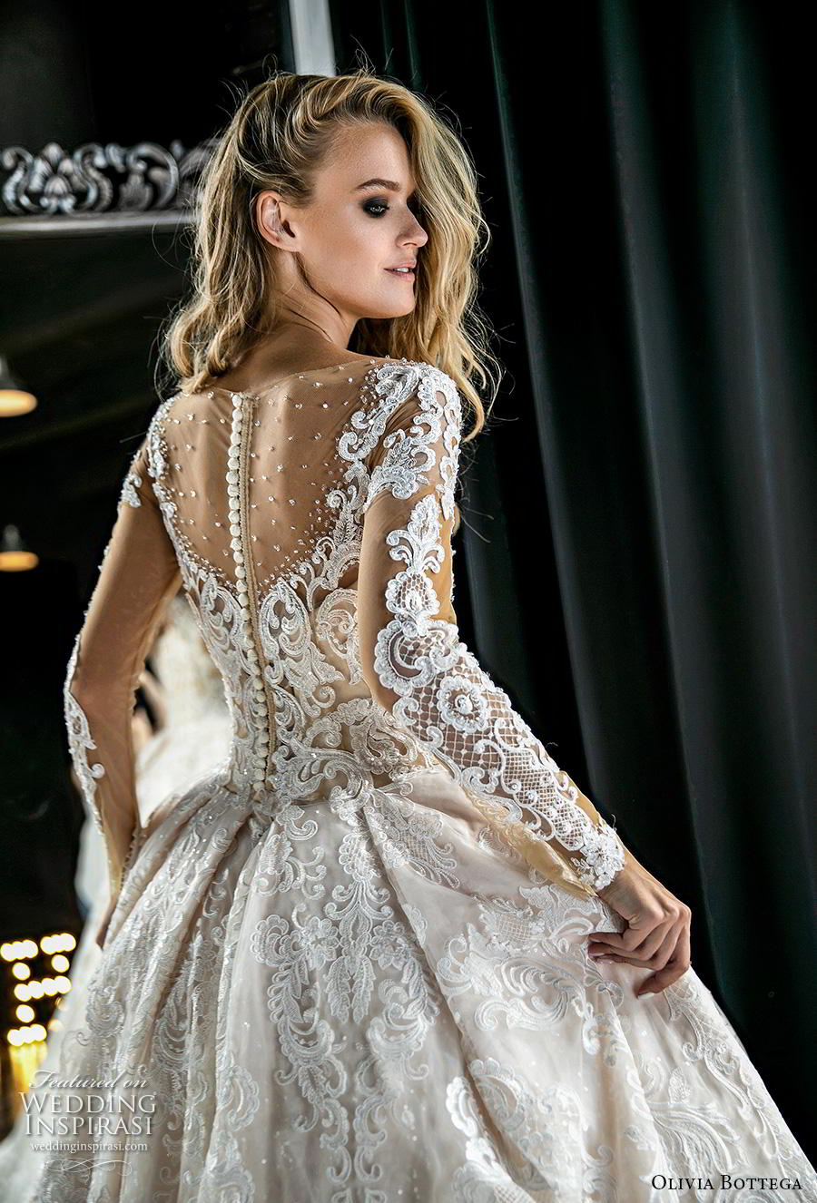 olivia bottega 2019 bridal long sleeves illusion bateau sweetheart neckline full embellishment romantic princess ball gown a  line wedding dress button lace back royal train (1) bv mv