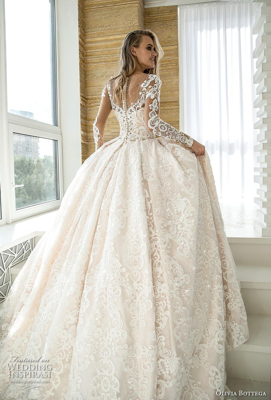 olivia bottega 2019 bridal long sleeves illusion bateau sweetheart neckline full embellishment romantic princess ball gown a  line wedding dress button lace back royal train (1) bv