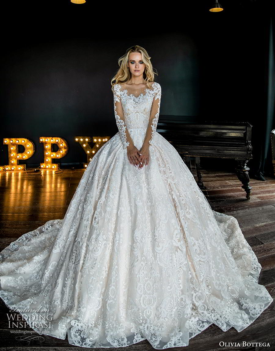 olivia bottega 2019 bridal long sleeves illusion bateau sweetheart neckline full embellishment romantic princess ball gown a  line wedding dress button lace back royal train (1) fv mv