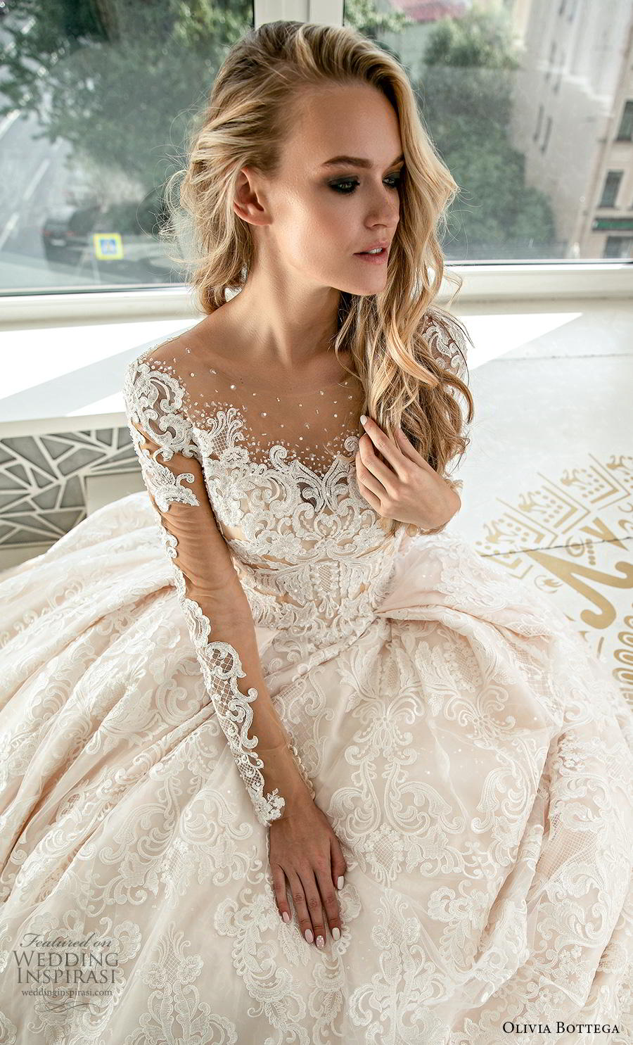 olivia bottega 2019 bridal long sleeves illusion bateau sweetheart neckline full embellishment romantic princess ball gown a  line wedding dress button lace back royal train (1) zv