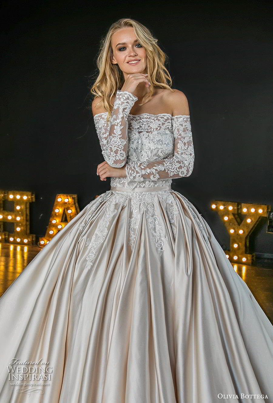 olivia bottega 2019 bridal long sleeves off shoulder straight across neckline heavily embellished bodice ball gown a  line wedding dress (4) zv