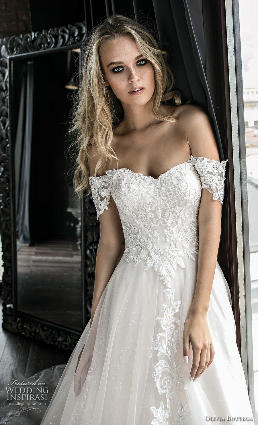 olivia bottega 2019 bridal short sleeves off the shoulder sweetheart neckline heavily embellished bodice hem romantic a  line wedding dress chapel train (12) zv mv