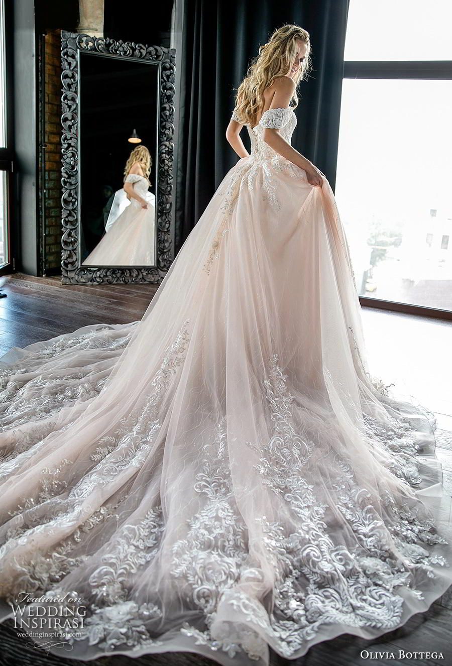 olivia bottega 2019 bridal short sleeves off the shoulder sweetheart neckline heavily embellished bodice romantic blush ball gown a  line wedding dress royal train (2) bv