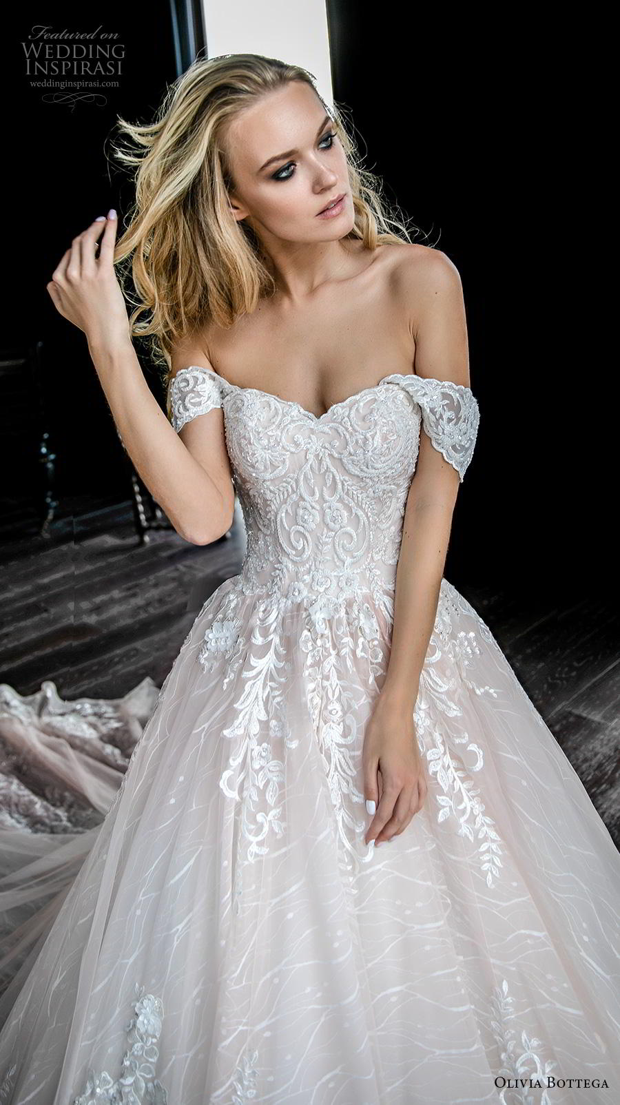 olivia bottega 2019 bridal short sleeves off the shoulder sweetheart neckline heavily embellished bodice romantic blush ball gown a  line wedding dress royal train (2) zv