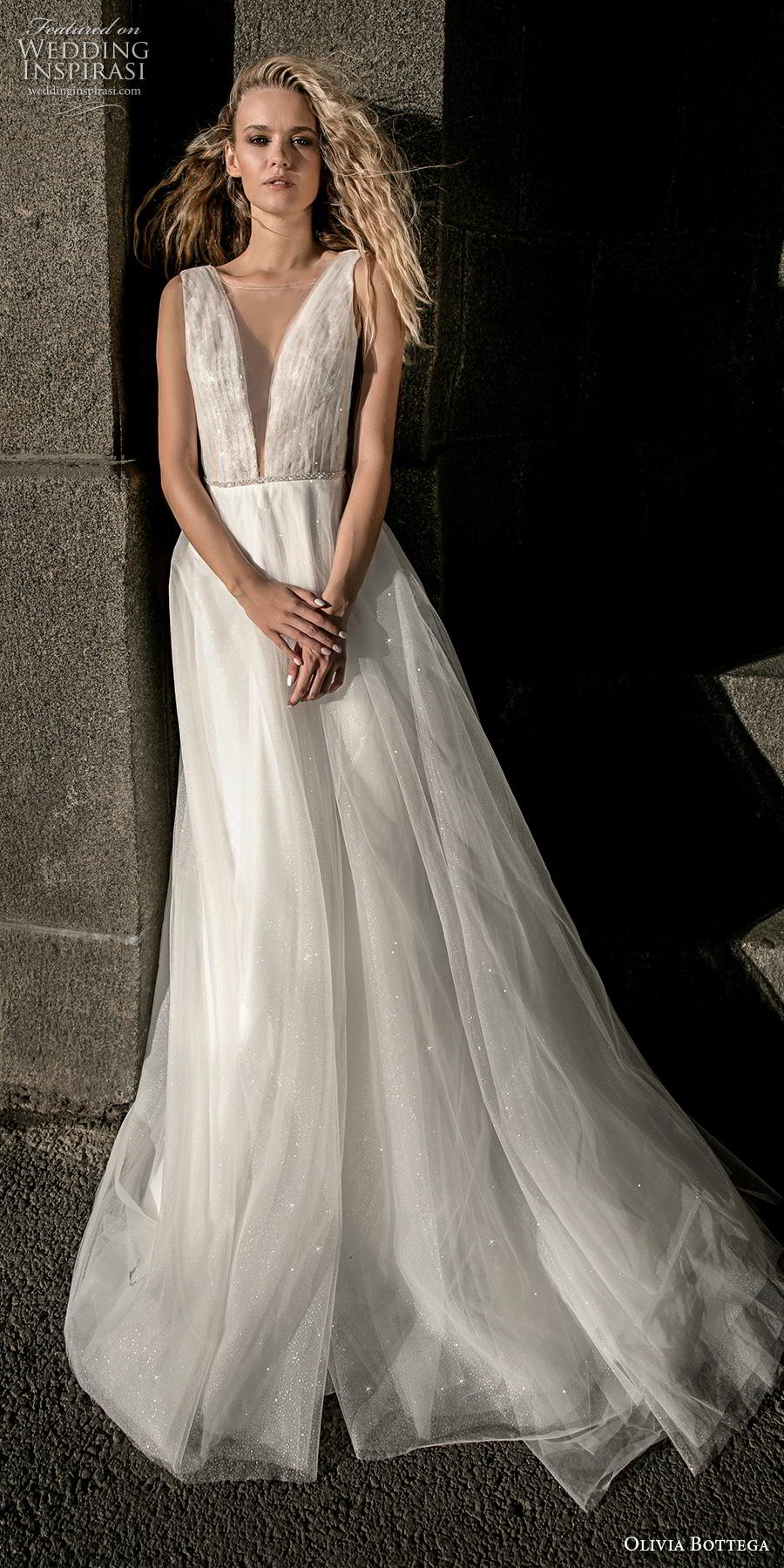 olivia bottega 2019 bridal sleeveless illusion bateau deep plunging v neck ruched bodice tulle skirt romantic a  line wedding dress (3) mv