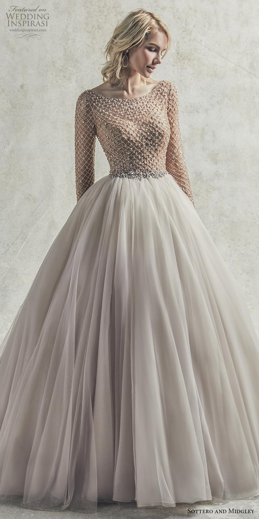 sottero and midgley s2019 bridal long sleeves bateau heavily embellished bodice romantic modern glamorous a line ball gown wedding dress backless v back chapel train (12) lv sottero and midgley s2019 bridal long sleeves bateau heavily embellished bodice romantic modern glamorous a line ball gown wedding dress backless v back chapel train (12) lv