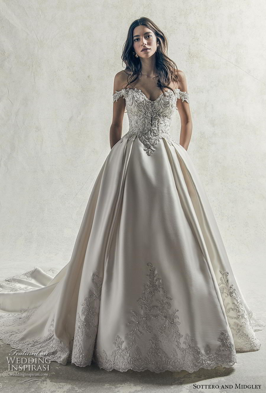 sottero and midgley s2019 bridal off the shoulder sweetheart neckline heavily embellished bodice princess ball gown a  line wedding dress pockets chapel train (9) mv