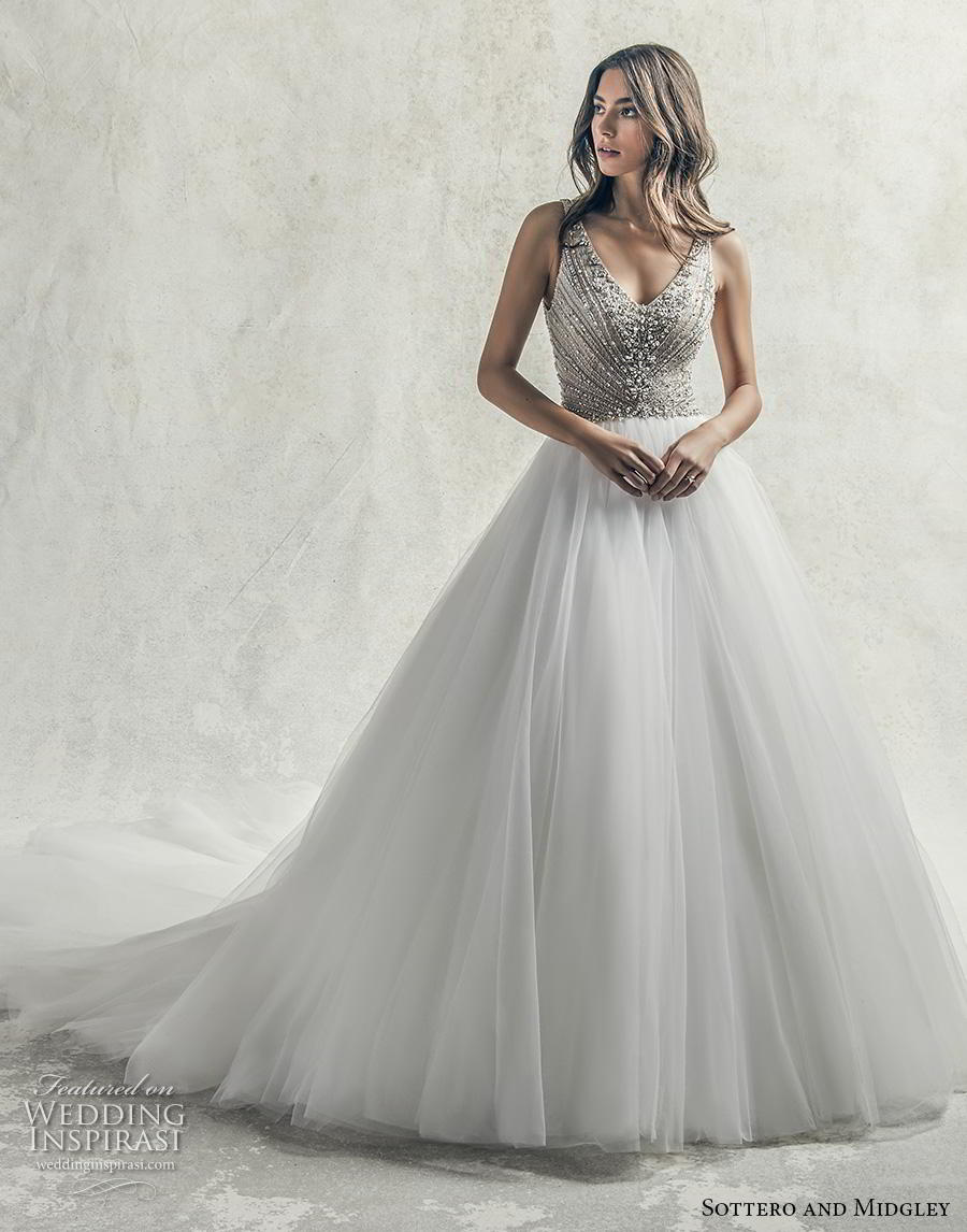 sottero and midgley s2019 bridal sleeveless with strap v neck heavily embellished bodice glitzy romantic a  line wedding dress v back chapel train (19) mv