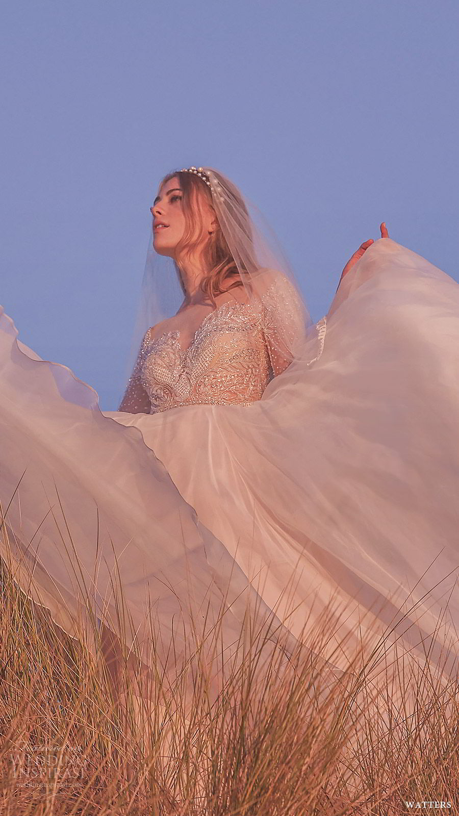 watters spring 2019 bridal illusion 3 quarter sleeves deep v neckline heavily embellished bodice a line ball gown wedding dress (9) zv elegant romantic