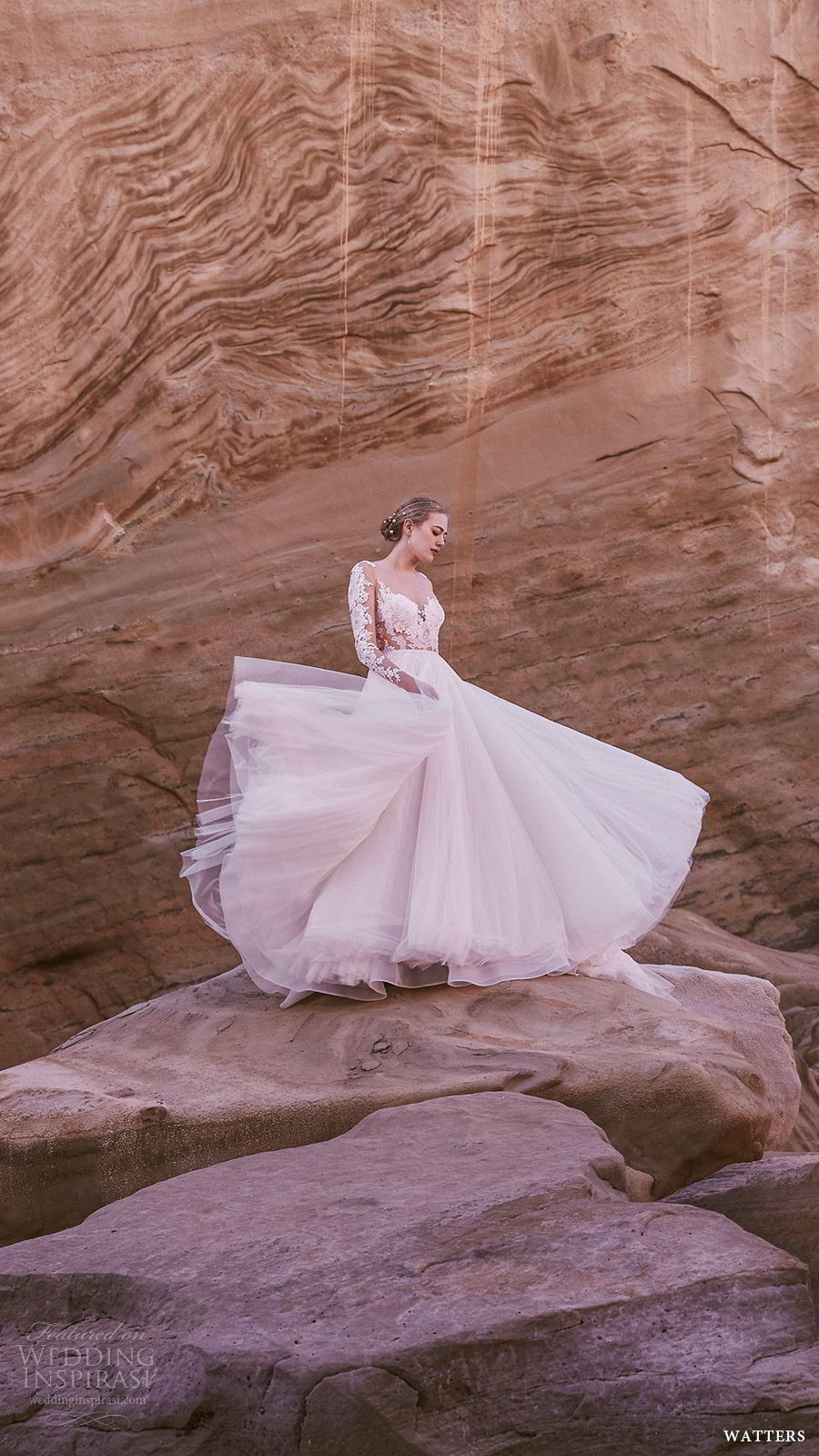 watters spring 2019 bridal illusion long sleeves sweetheart lace bodice a line wedding dress (5) mv  romantic elegant