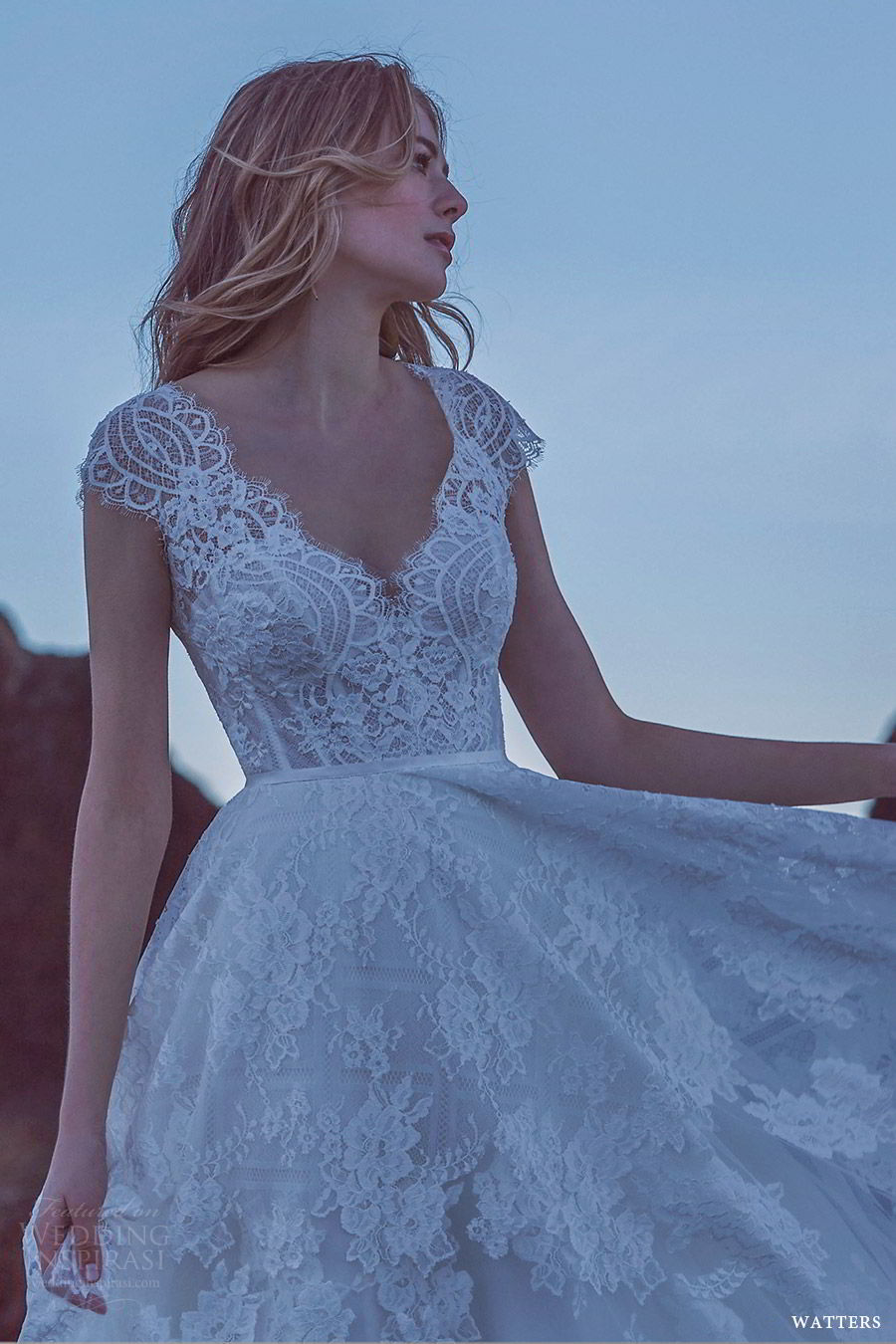 watters spring 2019 bridal lace cap sleeves sheer v neck sweetheart a line ball gown lace wedding dress (10) zv romantic elegant