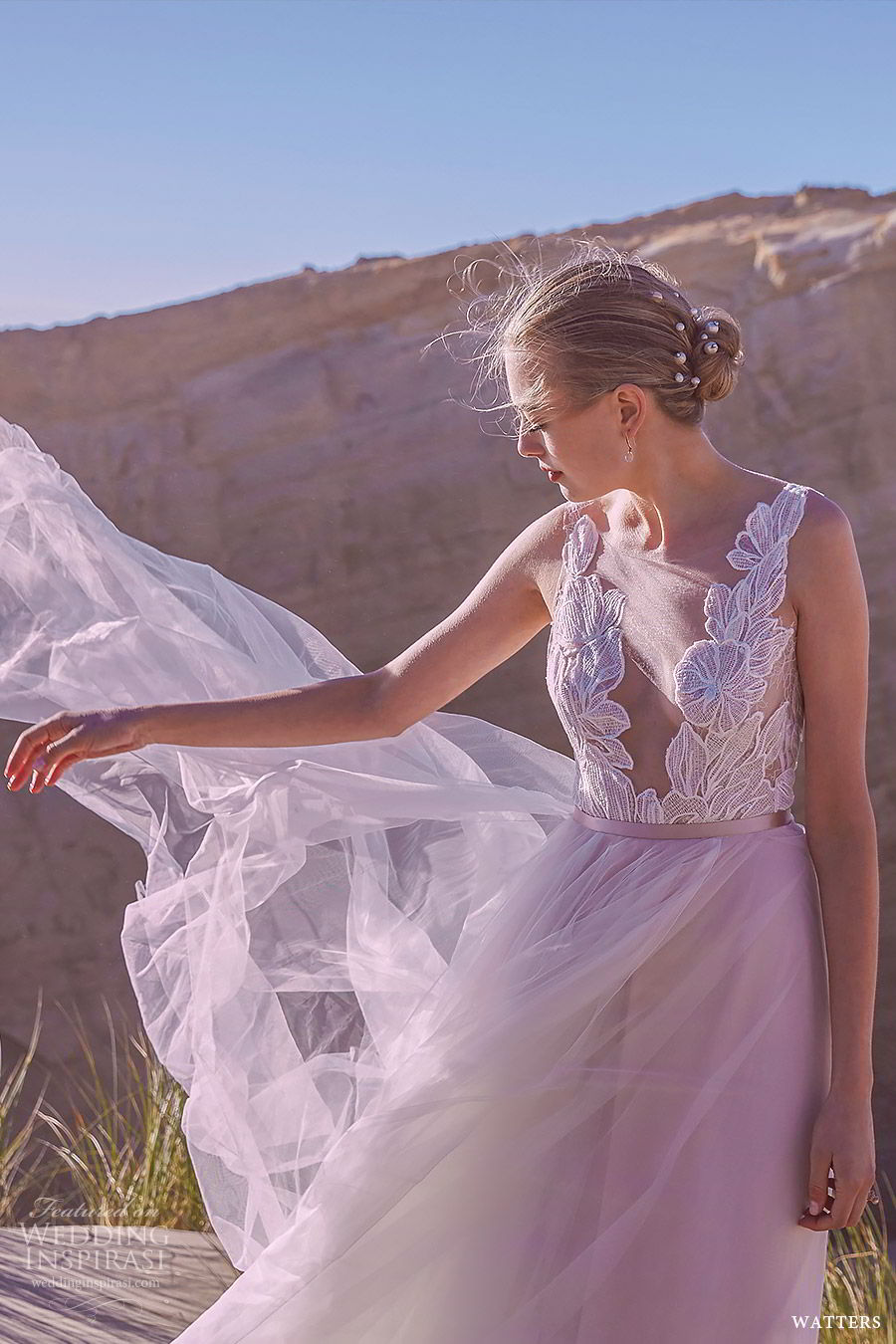 watters spring 2019 bridal sleeveless deep v neck embellished bodice a line wedding dress (3) mv tulle skirt sweep train blush color romantic watters spring 2019 bridal sleeveless deep v neck embellished bodice a line wedding dress (3) mv tulle skirt sweep train blush color romantic