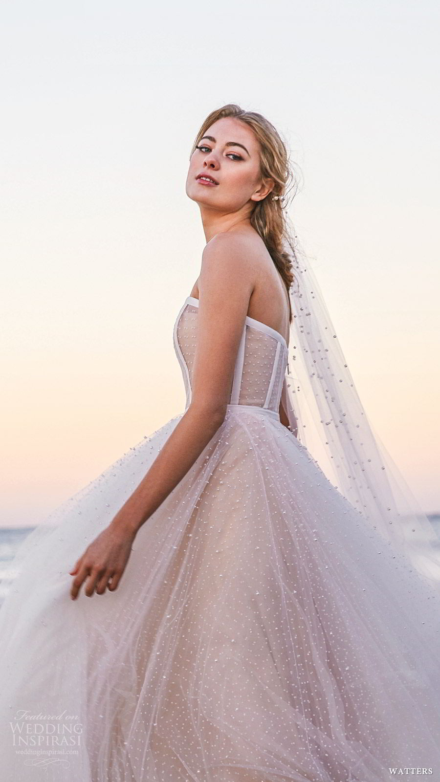 watters spring 2019 bridal strapless straight across embellished bodice ball gown wedding dress (12) zv chapel train blush color romantic princess